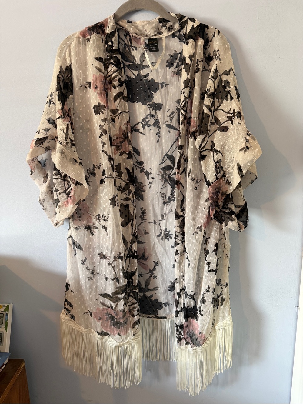 Mixit Cream Floral Fringe Kimono with Pink & Black Accents